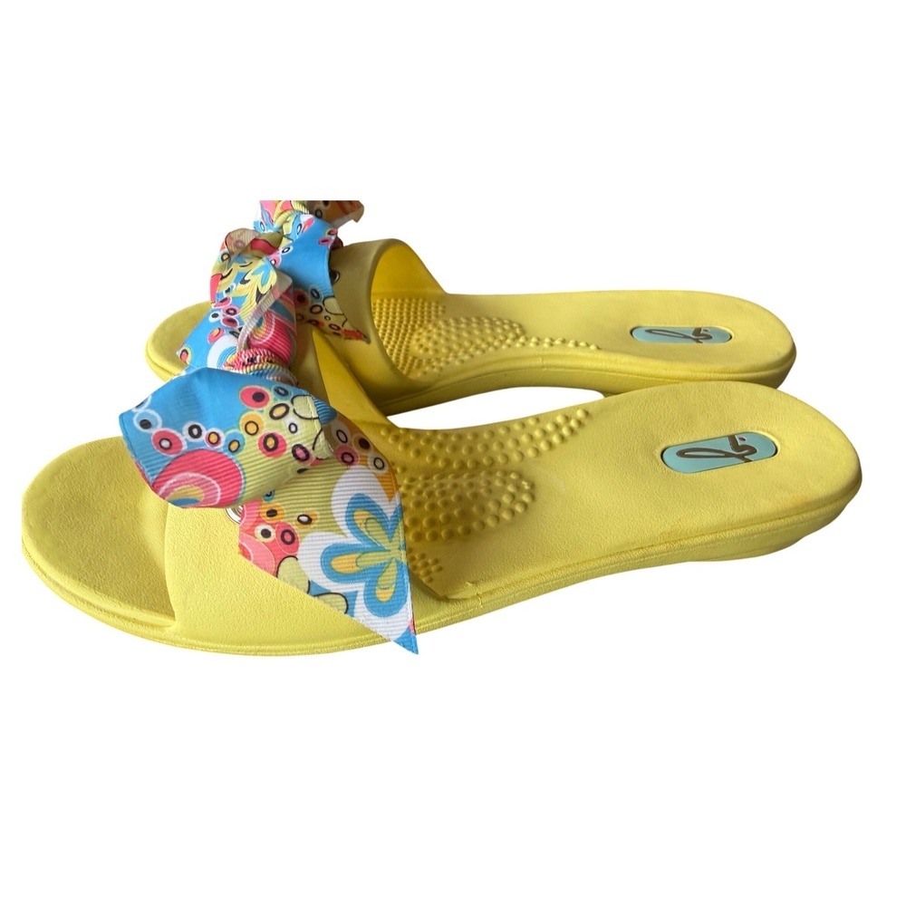 Oka-B Yellow Slide Sandals Floral Grosgrain Bow Vegan Made in USA Womens Medium